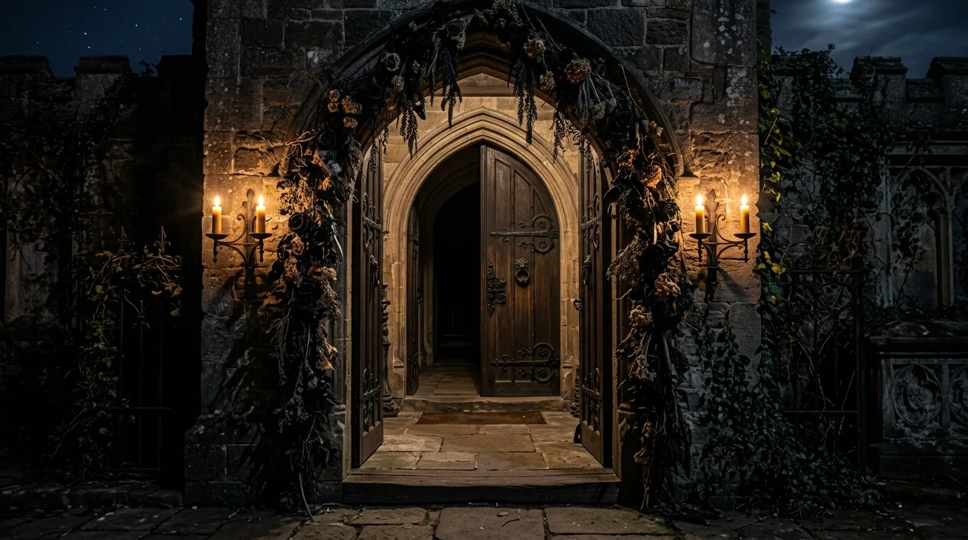 Try a more elegant haunted palette inspiration for a Halloween front door entrance.